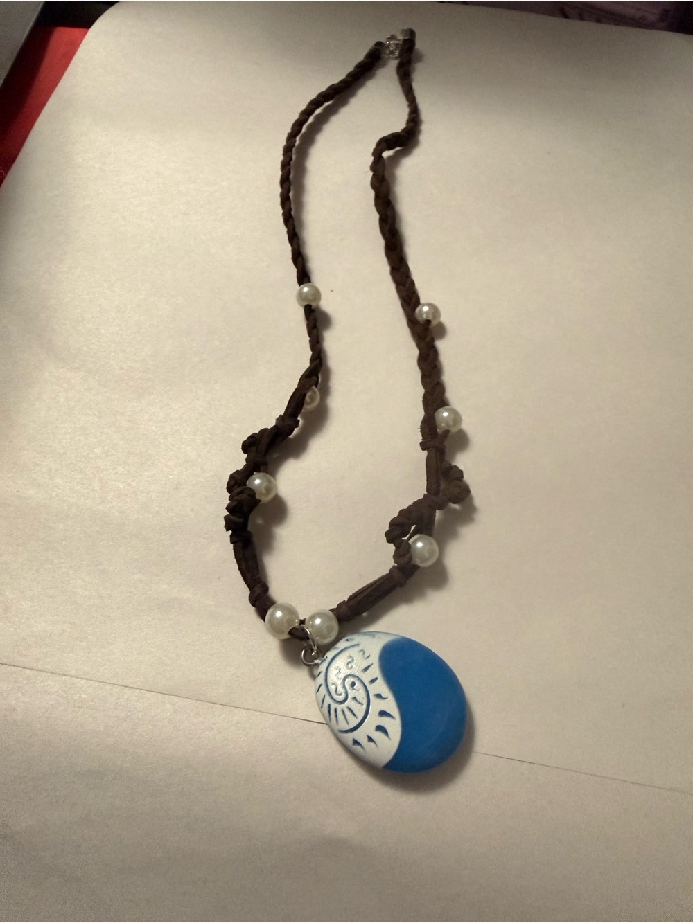 Blue & White Ceramic Style Pendant Necklace Brown Cord Boho Coastal 20”